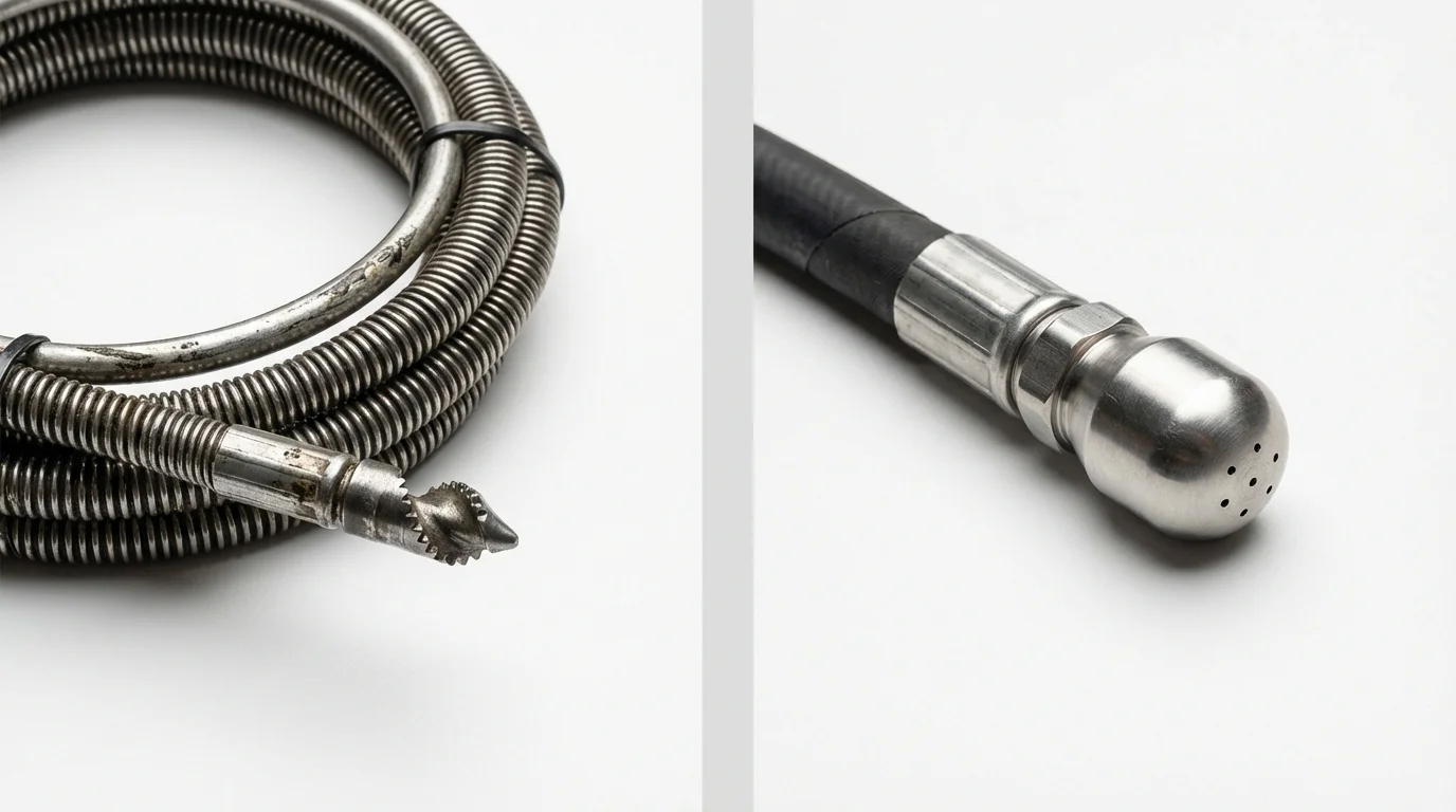 Drain snake cable and hydro jetting nozzle used for drain cleaning in Hadley, NY