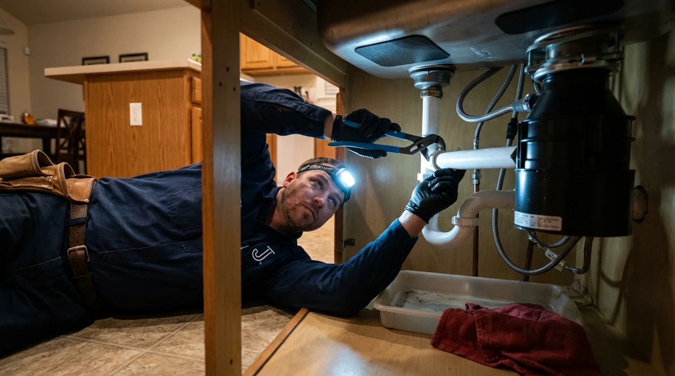P-trap and supply line connections under a kitchen sink showing a common leak point in Hadley, NY